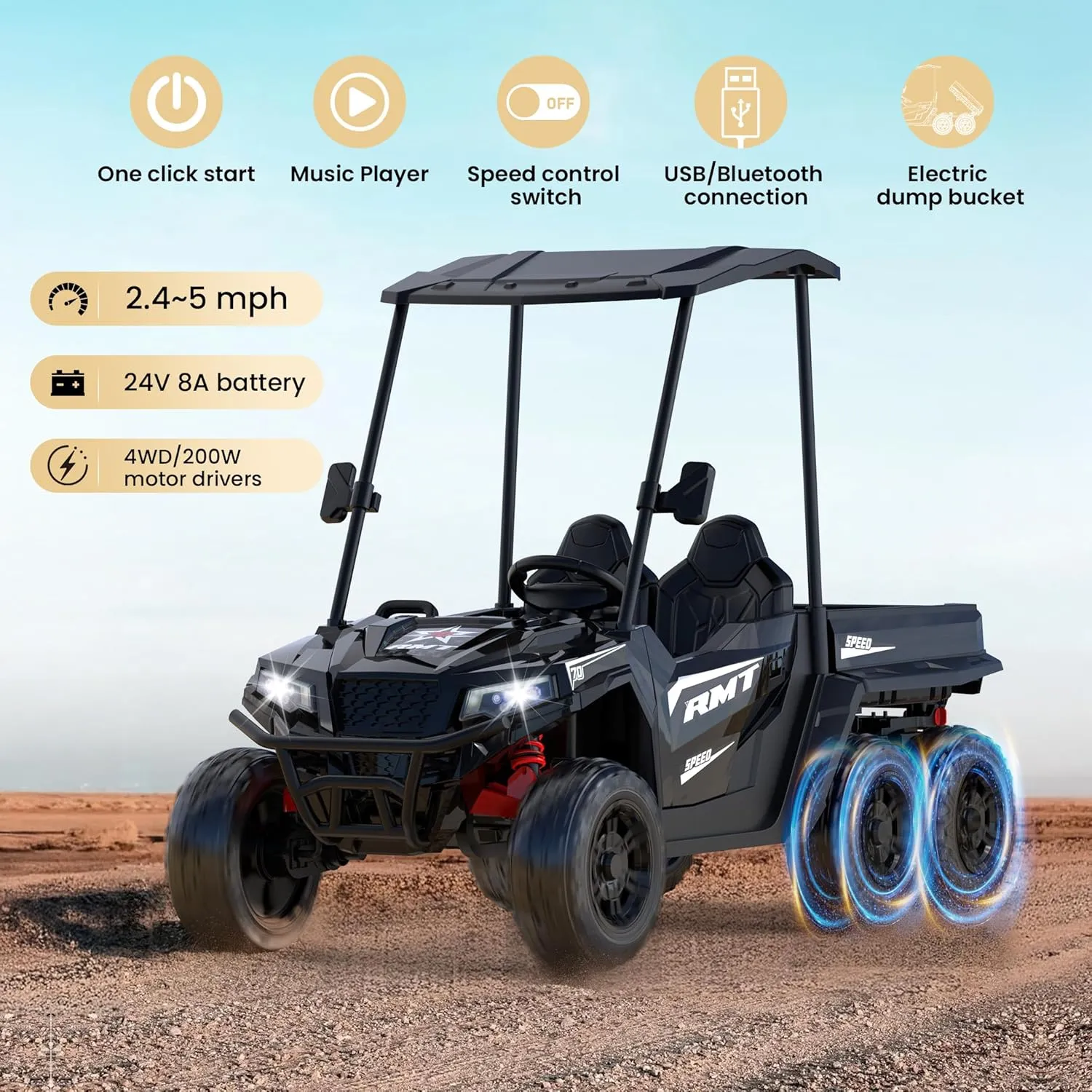 24V Kids Ride on Toys, 2-Seater Ride On Dump Truck with Parent Remote Control, 4WD 6-Wheel Electric Car for Big Kids, UTV Style Dump Bed & Music Horn, Ride on Car Truck w/Sun Shade - Black