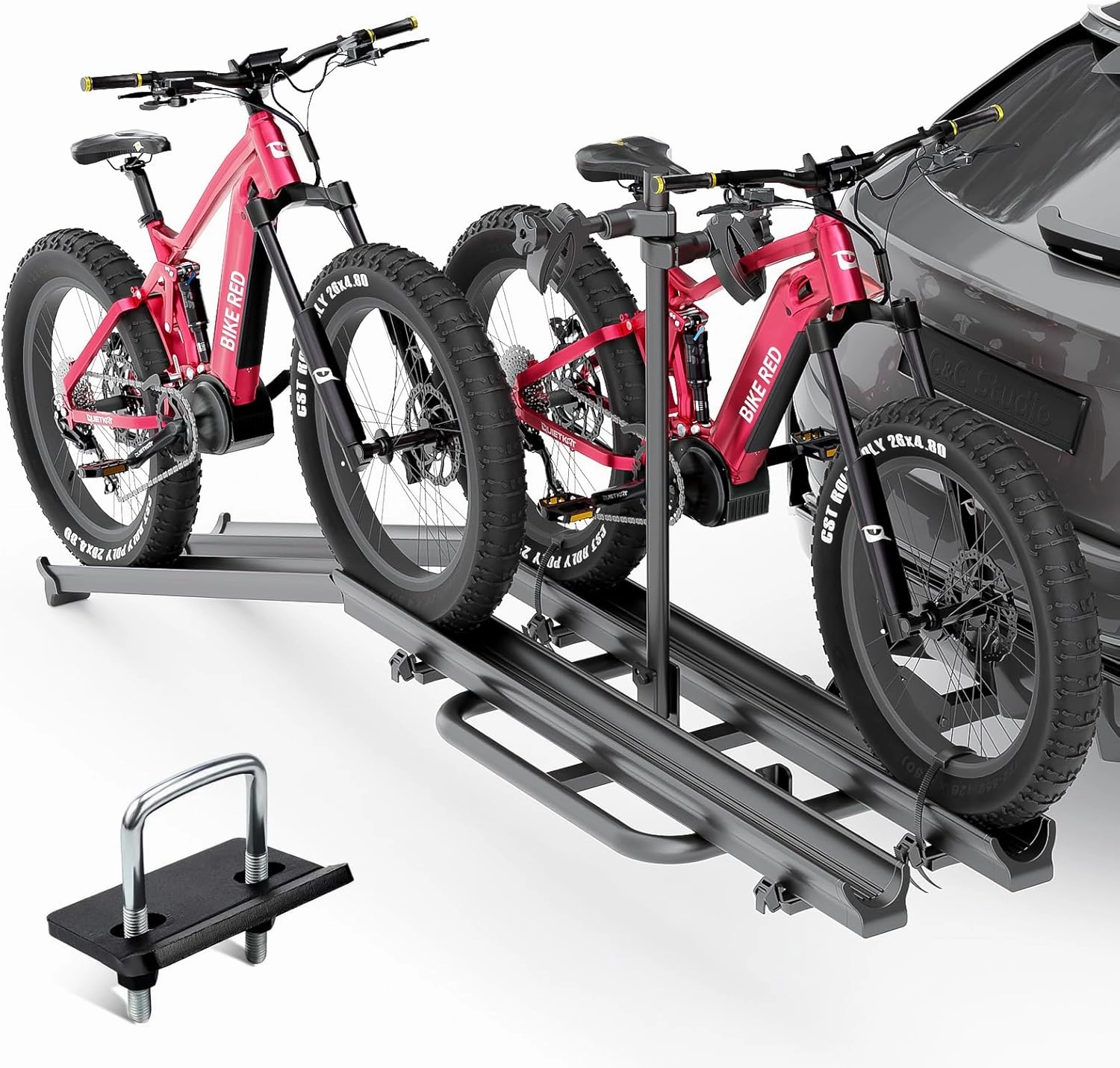 2 EBike Rack with Ramp, up to 5" Fat Tire Carrier, 200 LBS Capacity Bike Racks Platform for Standard, Lockable & Foldable Electric Bicycles Racks, Fits 2" Hitch for SUVs Cars Trucks Vans