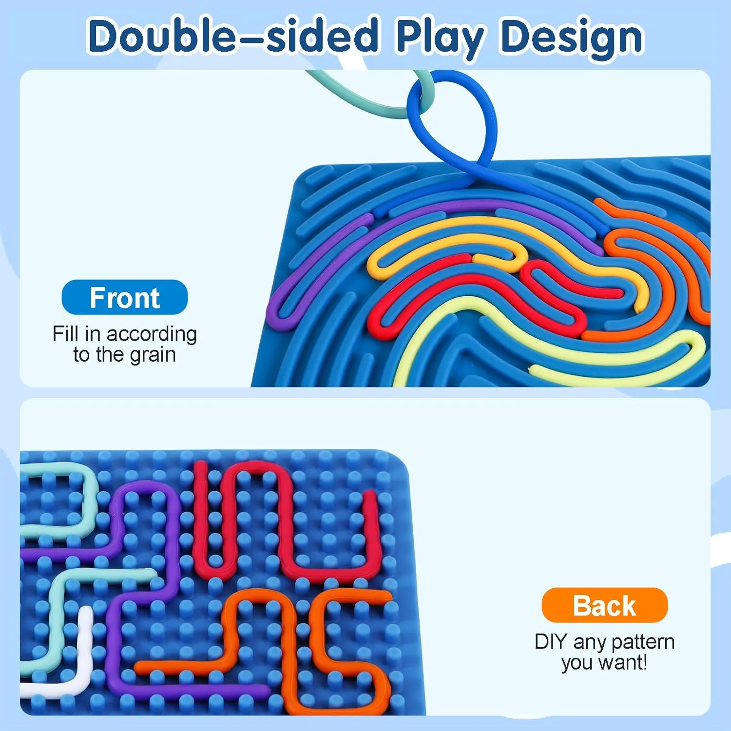 2PCS Sensory Activity Board, Silicone Fidget Toys for Anxiety, ADHD, Autism Stress Relief | Kids 3  & Adults | Portable Travel Bag & 20 Strings, Scarlet & Dark Blue