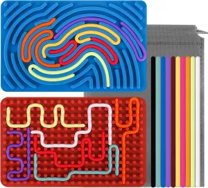 2PCS Sensory Activity Board, Silicone Fidget Toys for Anxiety, ADHD, Autism Stress Relief | Kids 3  & Adults | Portable Travel Bag & 20 Strings, Scarlet & Dark Blue