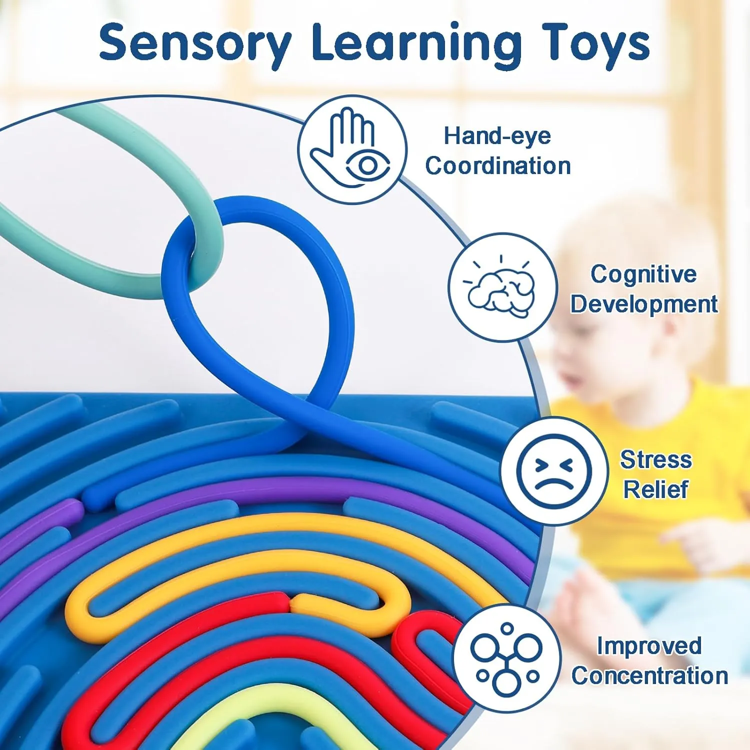 2PCS Sensory Activity Board, Silicone Fidget Toys for Anxiety, ADHD, Autism Stress Relief | Kids 3  & Adults | Portable Travel Bag & 20 Strings, Scarlet & Dark Blue
