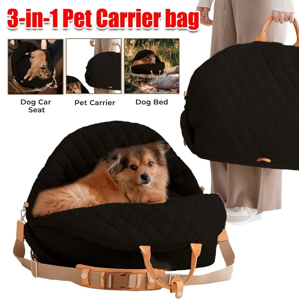 3-IN-1 Black Pet Carrier Bag Dog Cat Car Seat Portable Soft Cage Travel Bag Large