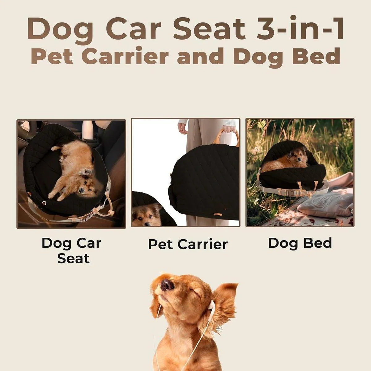 3-IN-1 Black Pet Carrier Bag Dog Cat Car Seat Portable Soft Cage Travel Bag Large