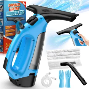 3-in-1 Rechargeable Window Vacuum Squeegee Cordless with 10 inch Blade, Window Cleaner for Efficiently Spraying, Wiping and Vacuuming Windows, Mirrors, Shower Glass, Tiles and Countertops, Blue
