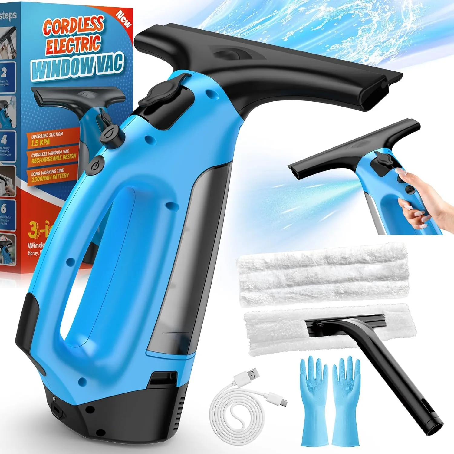 3-in-1 Rechargeable Window Vacuum Squeegee Cordless with 10 inch Blade, Window Cleaner for Efficiently Spraying, Wiping and Vacuuming Windows, Mirrors, Shower Glass, Tiles and Countertops, Blue