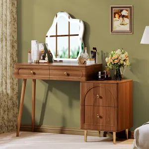 31.5" Brown Stylish Corner Makeup Vanity Table，with Lighted Mirror and 4 Spacious Drawers，Bedroom Essential Dressing Table with Nightstand，Modern Minimalist Writing Desk for Girls