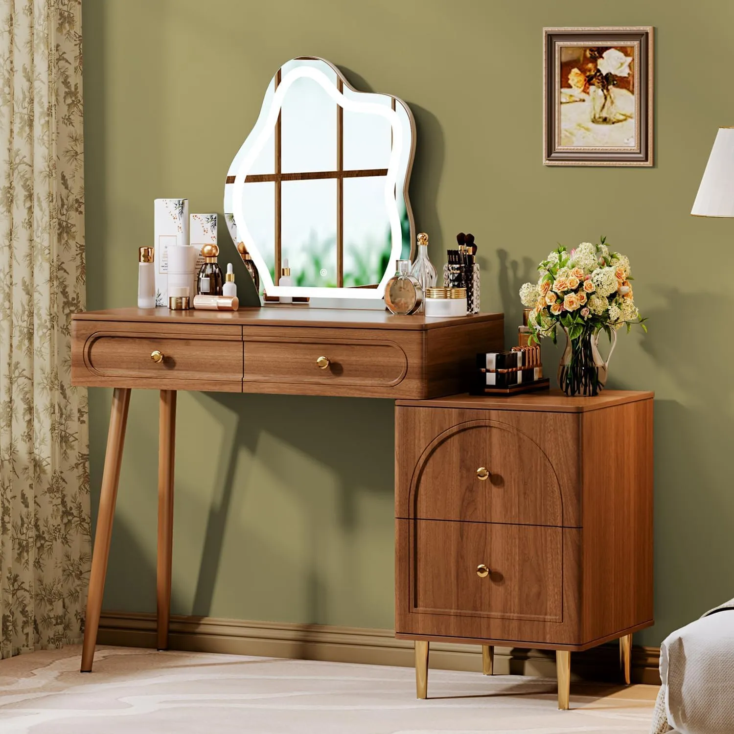 31.5" Brown Stylish Corner Makeup Vanity Table，with Lighted Mirror and 4 Spacious Drawers，Bedroom Essential Dressing Table with Nightstand，Modern Minimalist Writing Desk for Girls
