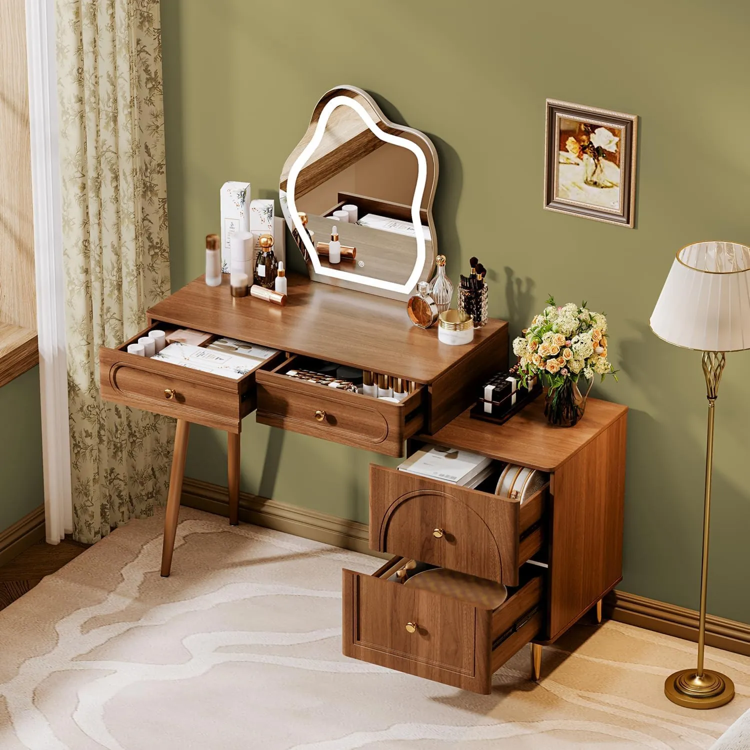 31.5" Brown Stylish Corner Makeup Vanity Table，with Lighted Mirror and 4 Spacious Drawers，Bedroom Essential Dressing Table with Nightstand，Modern Minimalist Writing Desk for Girls