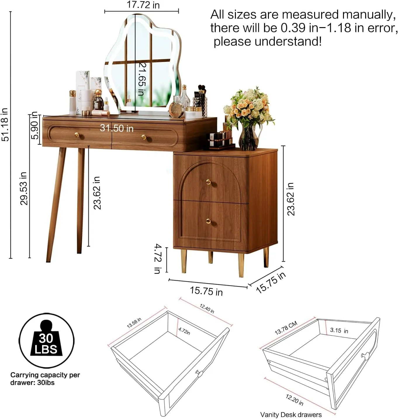 31.5" Brown Stylish Corner Makeup Vanity Table，with Lighted Mirror and 4 Spacious Drawers，Bedroom Essential Dressing Table with Nightstand，Modern Minimalist Writing Desk for Girls