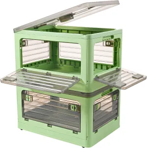 32Qt Plastic Storage Bins with Lid, Collapsible Storage Bins with Wheels, Storage Boxes with 4 Doors, Stackable Storage Bins for Organizing Clothes, Snacks and Camping, 2-Pack (Green)