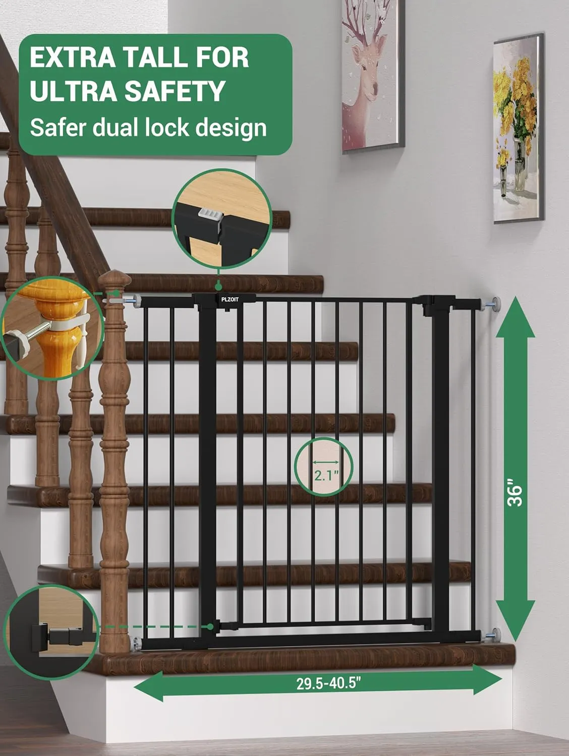 36" Extra Tall Baby Gate for Stairs, 29.5-40.5" Wide Dog Gate for Doorways, Walk Thru Auto Close Metal Pet Gate for The House, Stairs and Doorways, Child Gate Pressure Mounted Dog Gate Indoor - Black