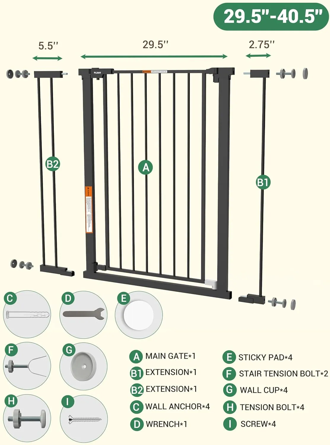 36" Extra Tall Baby Gate for Stairs, 29.5-40.5" Wide Dog Gate for Doorways, Walk Thru Auto Close Metal Pet Gate for The House, Stairs and Doorways, Child Gate Pressure Mounted Dog Gate Indoor - Black