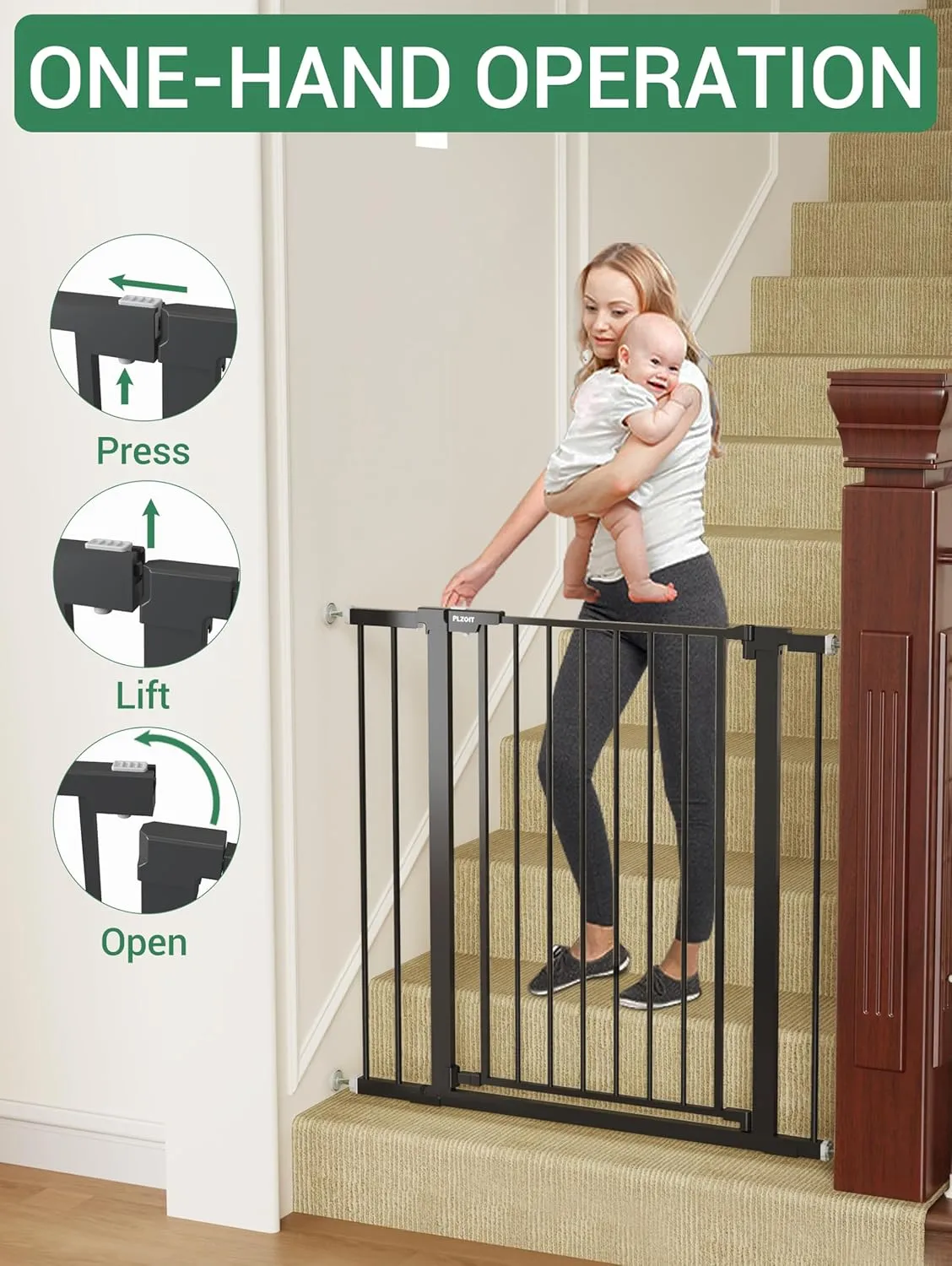 36" Extra Tall Baby Gate for Stairs, 29.5-40.5" Wide Dog Gate for Doorways, Walk Thru Auto Close Metal Pet Gate for The House, Stairs and Doorways, Child Gate Pressure Mounted Dog Gate Indoor - Black