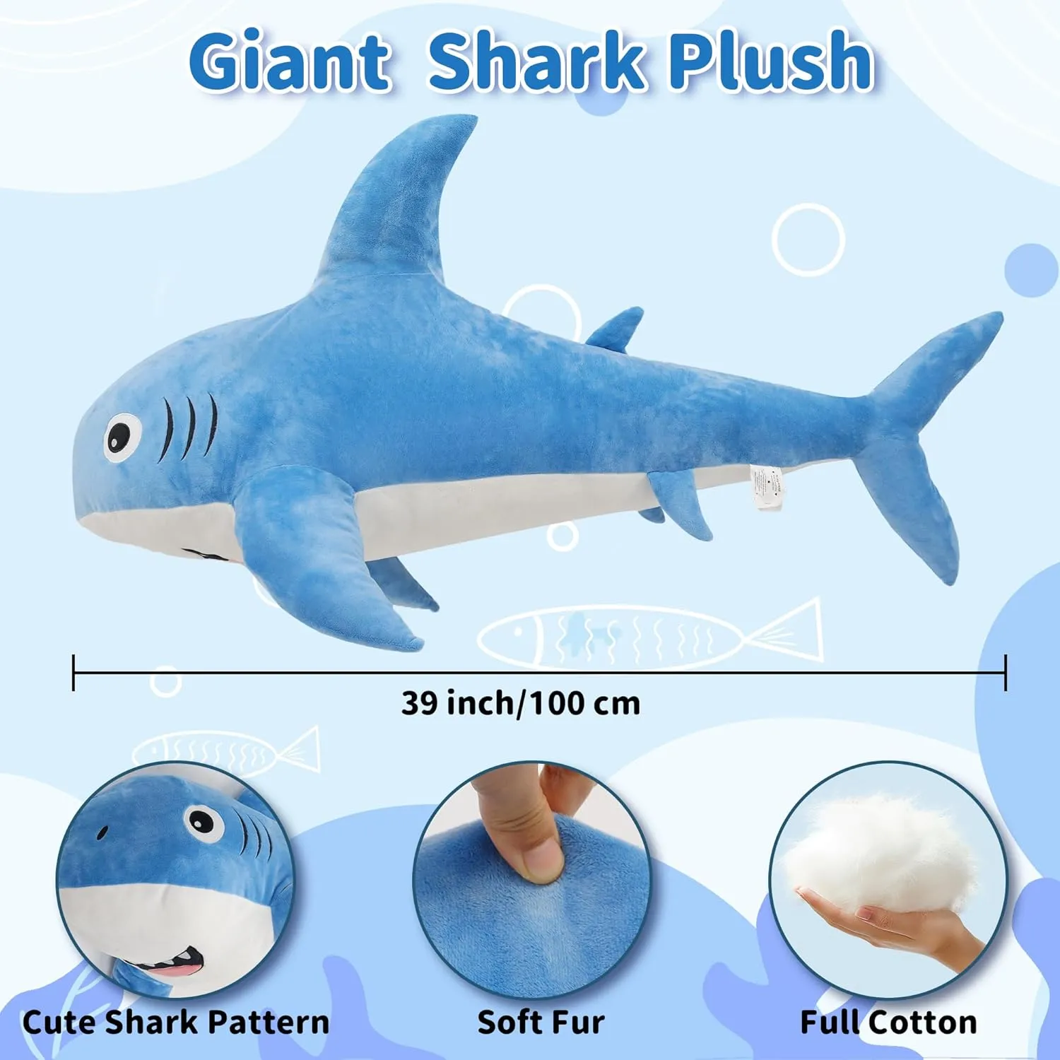 39 inch Large Stuffed Shark Plush Toy, Big Shark Toy Body Pillows Weighted Stuffed Animals Sharks Cuddly Christmas Birthday Gifts for Kids