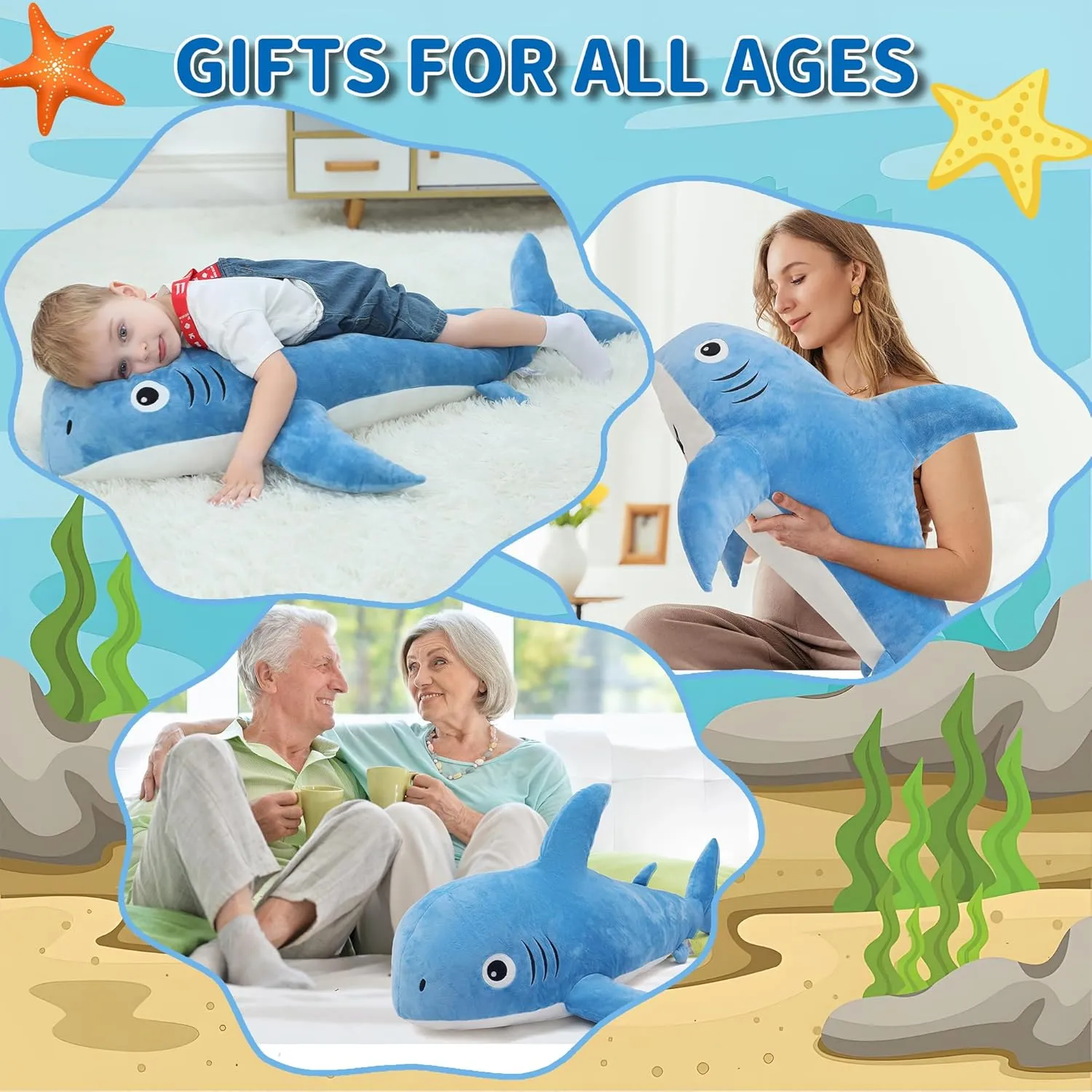 39 inch Large Stuffed Shark Plush Toy, Big Shark Toy Body Pillows Weighted Stuffed Animals Sharks Cuddly Christmas Birthday Gifts for Kids