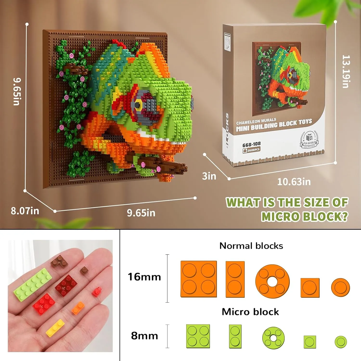 3D Wall Art Chameleon Animal Micro Mini Building Blocks Set for Adults, Unique Home Wall Decor or Table Display, Creative Birthday Gift Toy for Kids Teens (2688 PCS) Not Compatible with Lego