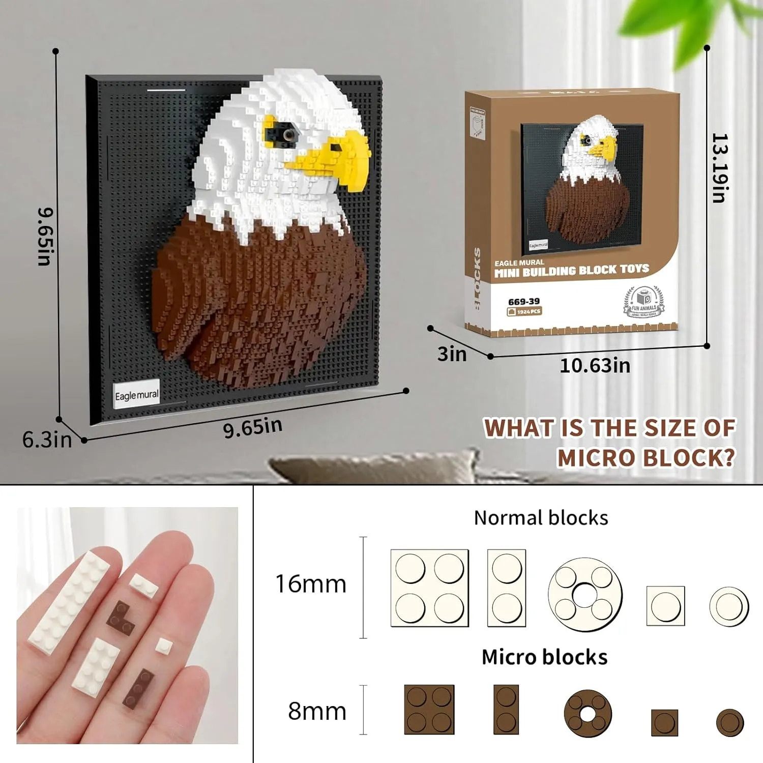3D Wall Art Eagle Bird Animal Micro Mini Building Blocks Set for Adults, Unique Home Wall Decor or Table Display, Creative Birthday Gift Toy for Kids Teens (1924 PCS)