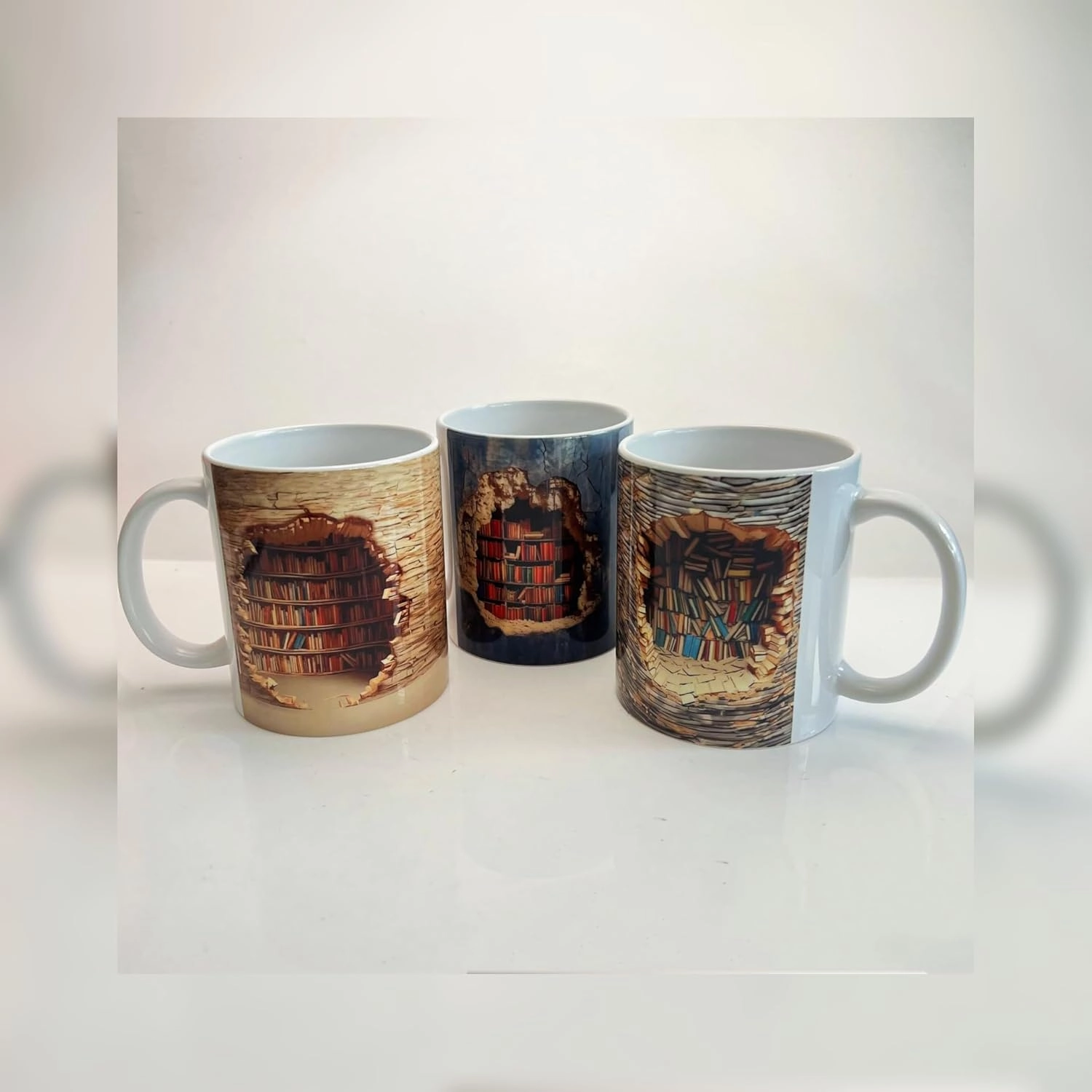 3D Bookshelf Mug - A Library Shelf Cup, Give a Stainless Steel Square Head Golden Exquisite Spoon,Creative Space Design Multi-Purpose Ceramic Mug, Christmas Gifts for Readers Bookish 3D White Mug (C)