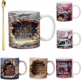 3D Bookshelf Mug - A Library Shelf Cup, Give a Stainless Steel Square Head Golden Exquisite Spoon,Creative Space Design Multi-Purpose Ceramic Mug, Christmas Gifts for Readers Bookish 3D White Mug (C)