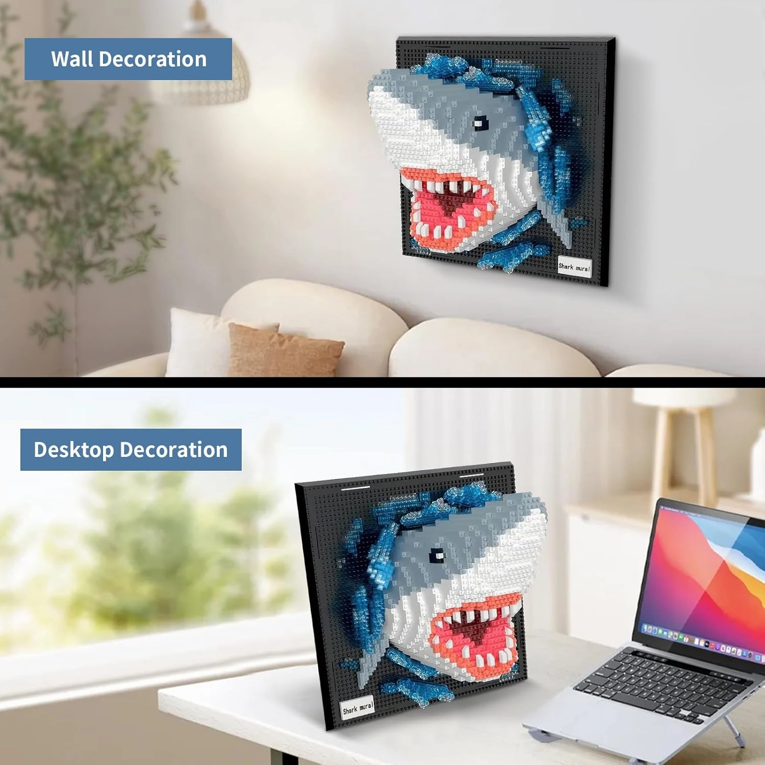 3D Wall Art Shark Animal Micro Mini Building Blocks Set for Adults, Unique Home Wall Decor or Table Display, Creative Birthday Gift Toy for Kids Teens (2166 PCS)