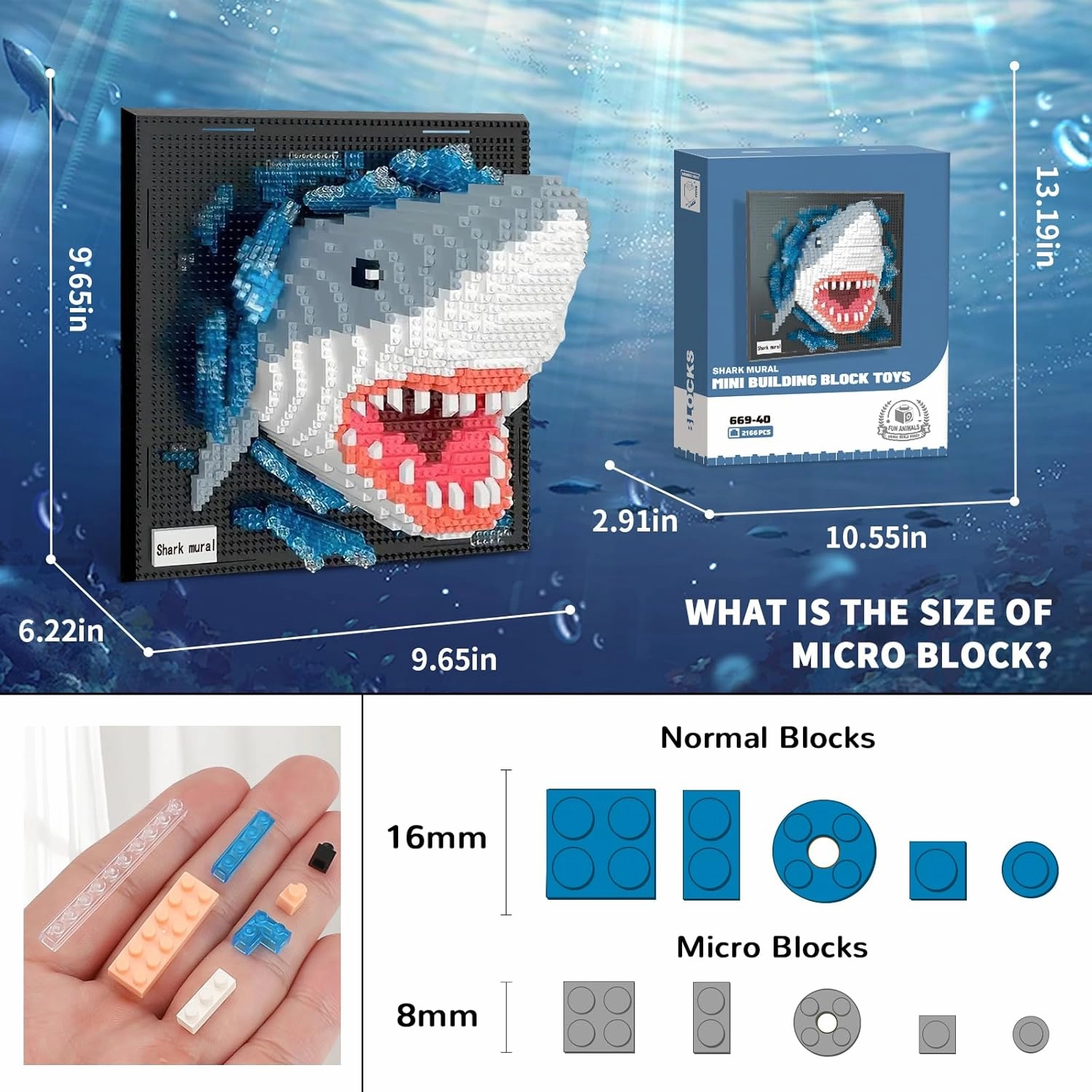 3D Wall Art Shark Animal Micro Mini Building Blocks Set for Adults, Unique Home Wall Decor or Table Display, Creative Birthday Gift Toy for Kids Teens (2166 PCS)
