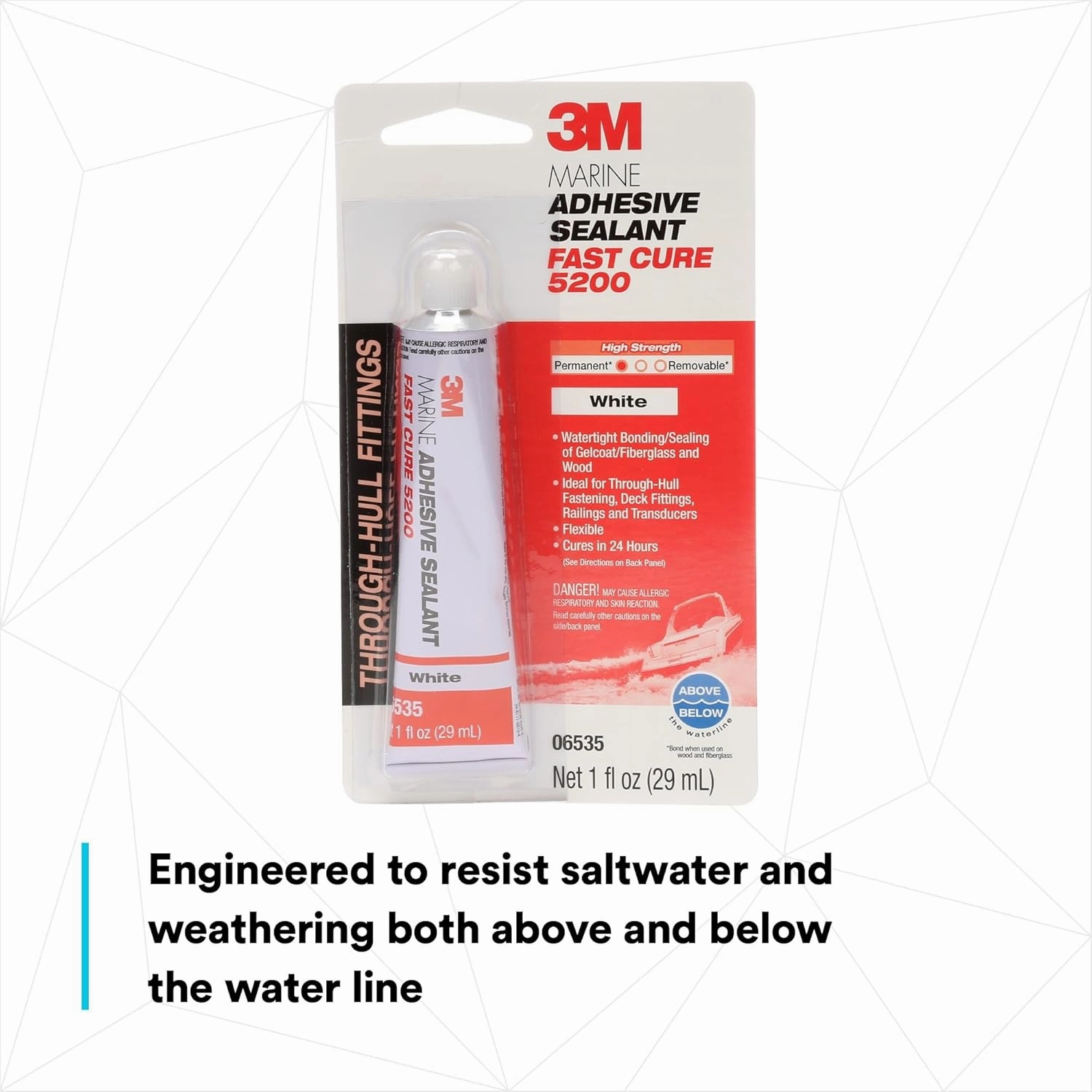 3M Marine Adhesive Sealant Fast Cure 5200 (06535) Permanent Bonding and Sealing for Boats and RVs Above and Below the Waterline Waterproof Repair, White, 1 fl oz Tube