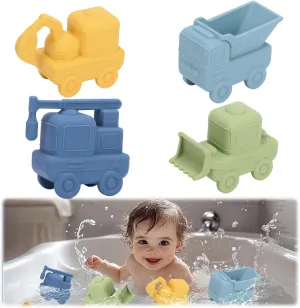 4 Pack Food-Grade Construction Bath Toys, SEILETOO Silicone Cars Bath Toys for Babies, Vehicle Bath Toys for Toddlers 1-4, Mold Free, Dishwasher Safe, BPA Free
