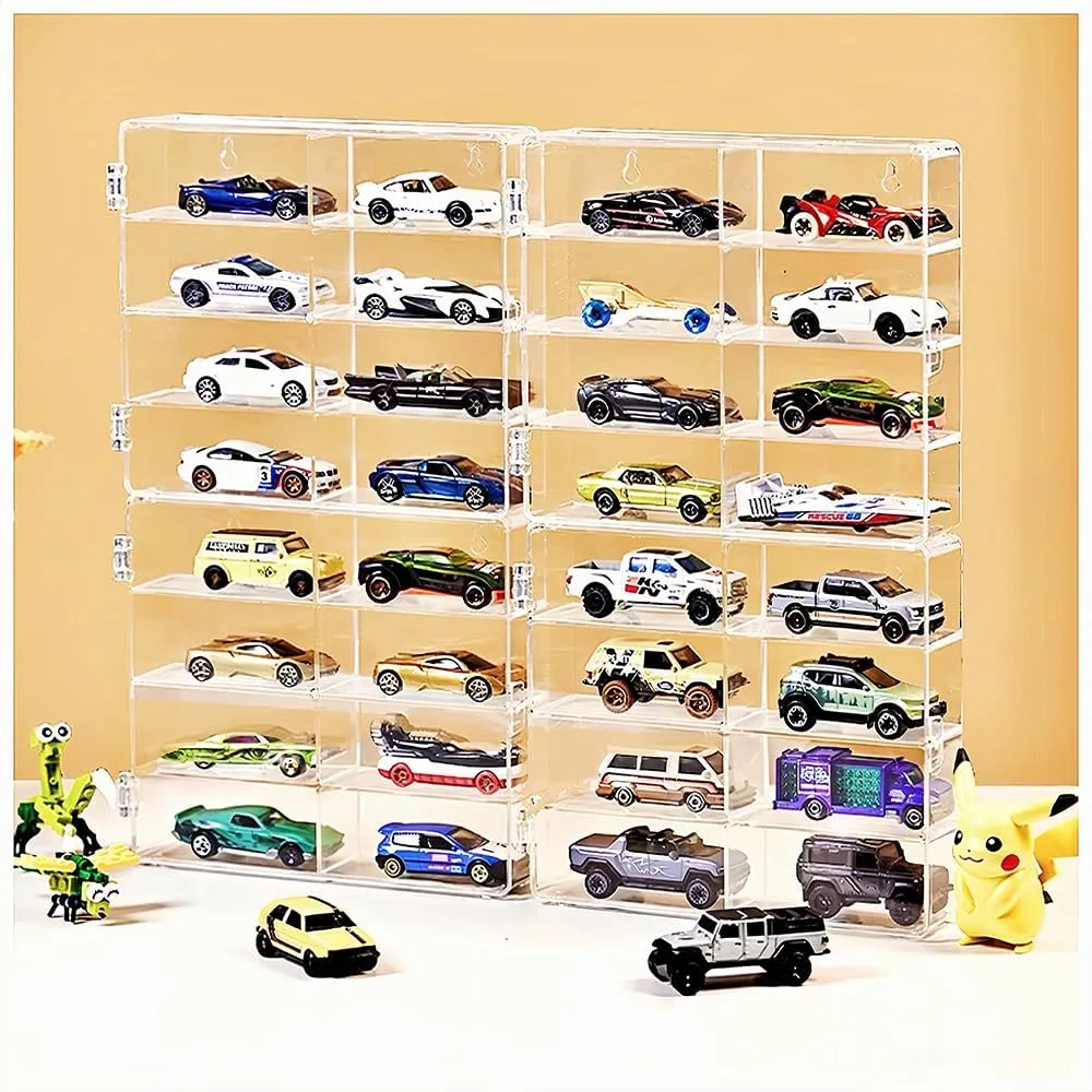 4-Pack Hot Display Case Wheels for 1/64 Scale Toys Car - Wall Mountable Transparent Storage Box for Hot Wheels, Matchbox & Diecast Models,Includes Hooks for Easy Hanging