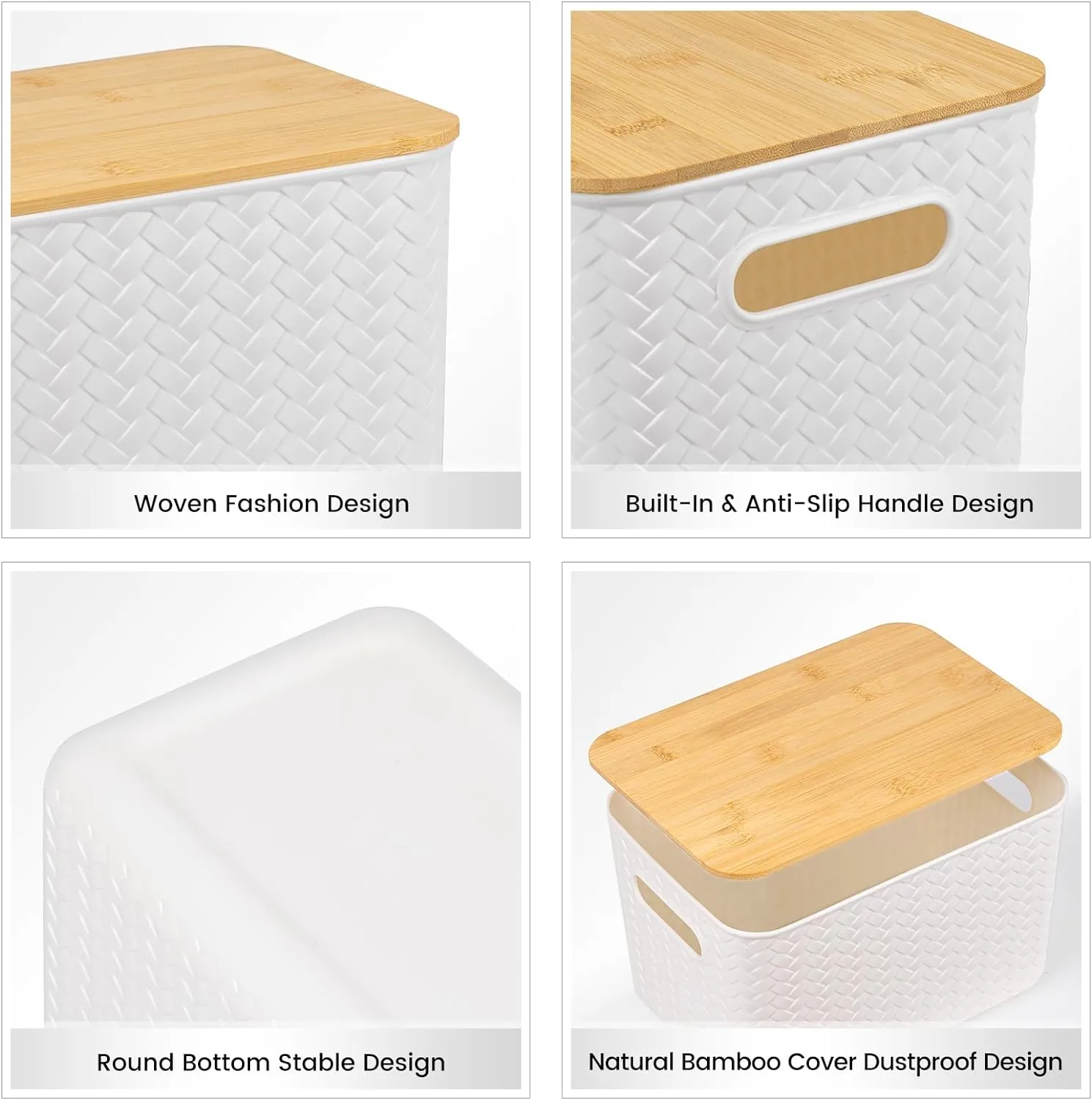 4 Packs Storage Bins with Bamboo Lids - Plastic Storage Containers with Lids Stackable Storage Box：Storages Baskets for Organizing Desktop Closet Playroom Classroom Office,White
