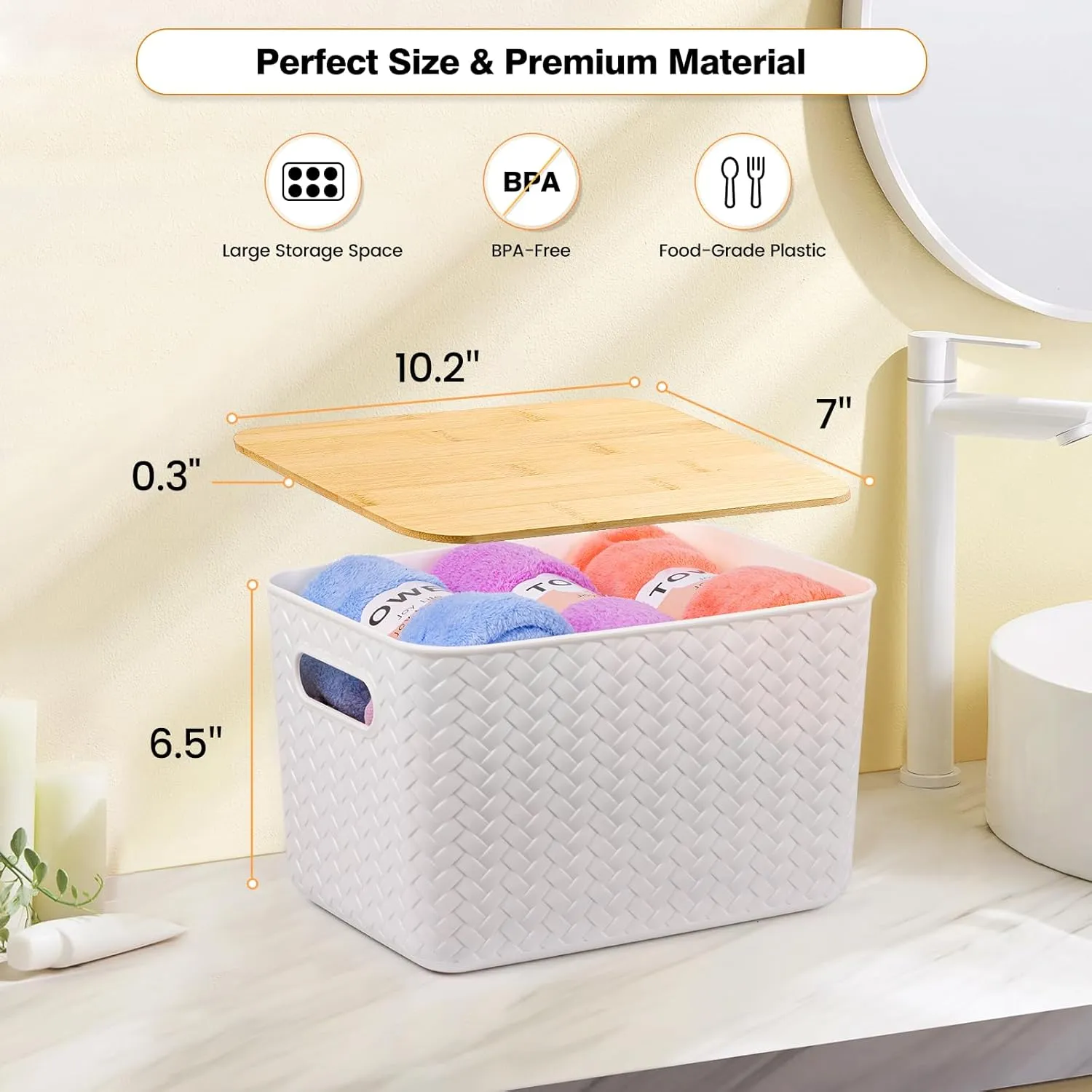 4 Packs Storage Bins with Bamboo Lids - Plastic Storage Containers with Lids Stackable Storage Box：Storages Baskets for Organizing Desktop Closet Playroom Classroom Office,White