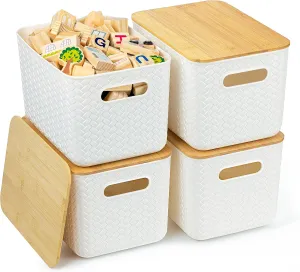 4 Packs Storage Bins with Bamboo Lids - Plastic Storage Containers with Lids Stackable Storage Box：Storages Baskets for Organizing Desktop Closet Playroom Classroom Office,White