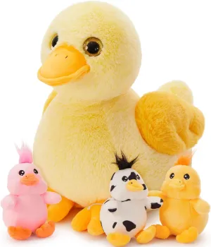 4 Pcs Duck Plush, Mom Duck Stuffed Animal with 3 Cute Stuffed Wind Up Duck Babies Toy, 11" Christmas Birthday Baby Shower Wind Up Plush Toys for Kids Girls Boys, Animal Theme Party Decor