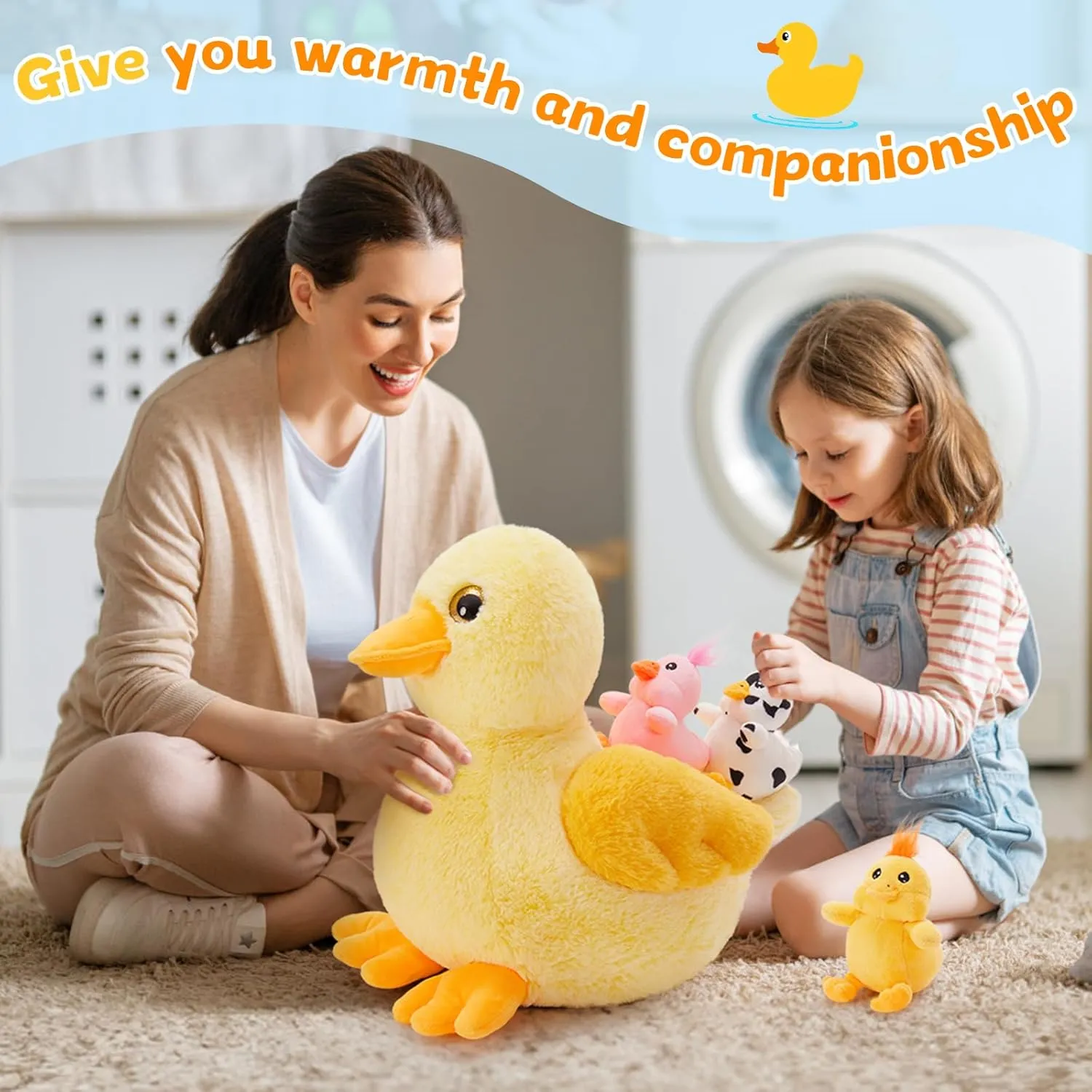 4 Pcs Duck Plush, Mom Duck Stuffed Animal with 3 Cute Stuffed Wind Up Duck Babies Toy, 11" Christmas Birthday Baby Shower Wind Up Plush Toys for Kids Girls Boys, Animal Theme Party Decor