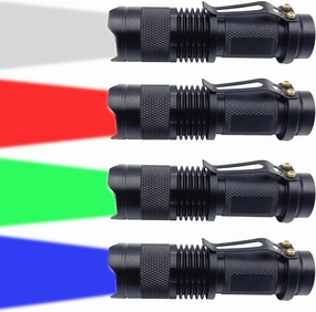 4 Color Light Single Mode Red Light Flashlight, Green Blue White Light LED Flashlights for Night Hunting Fishing Observation, 4 Pack