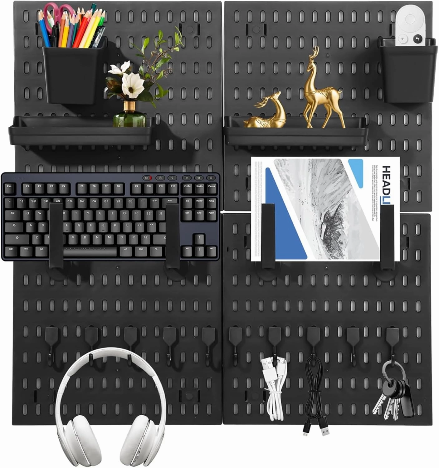 4 PCS Wall Pegboard Set, Peg Board Wall Organizer with 4 Trays 14 Hooks, Space-Saving Organizer for Bedroom Game Room Office