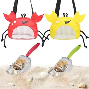 4PCS Beach Toy Mesh Shovel and Mesh Beach Bag Seashell Bag,for Sand Filter & Collect Shells,Sand Sifter Shell Collecting Tools (Red-Yellow)