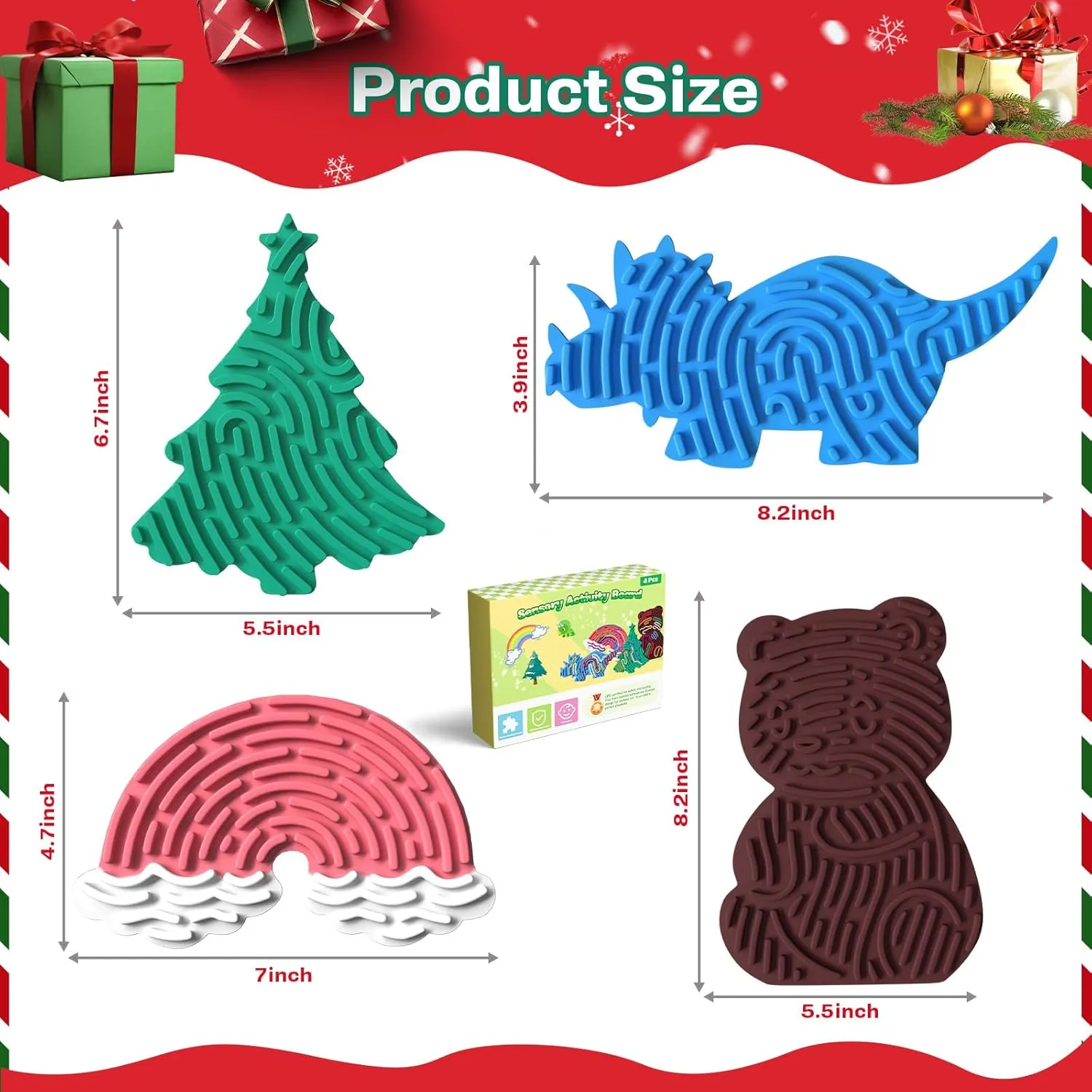 4Pcs Sensory Activity Board,Silicone Sensory Toys for Calming, Stress, Anxiety, ADHD, Autism,Fidget Toys for Inspire Kid's 3  Creative Talents,Duble Sided Design Kids Busy Board