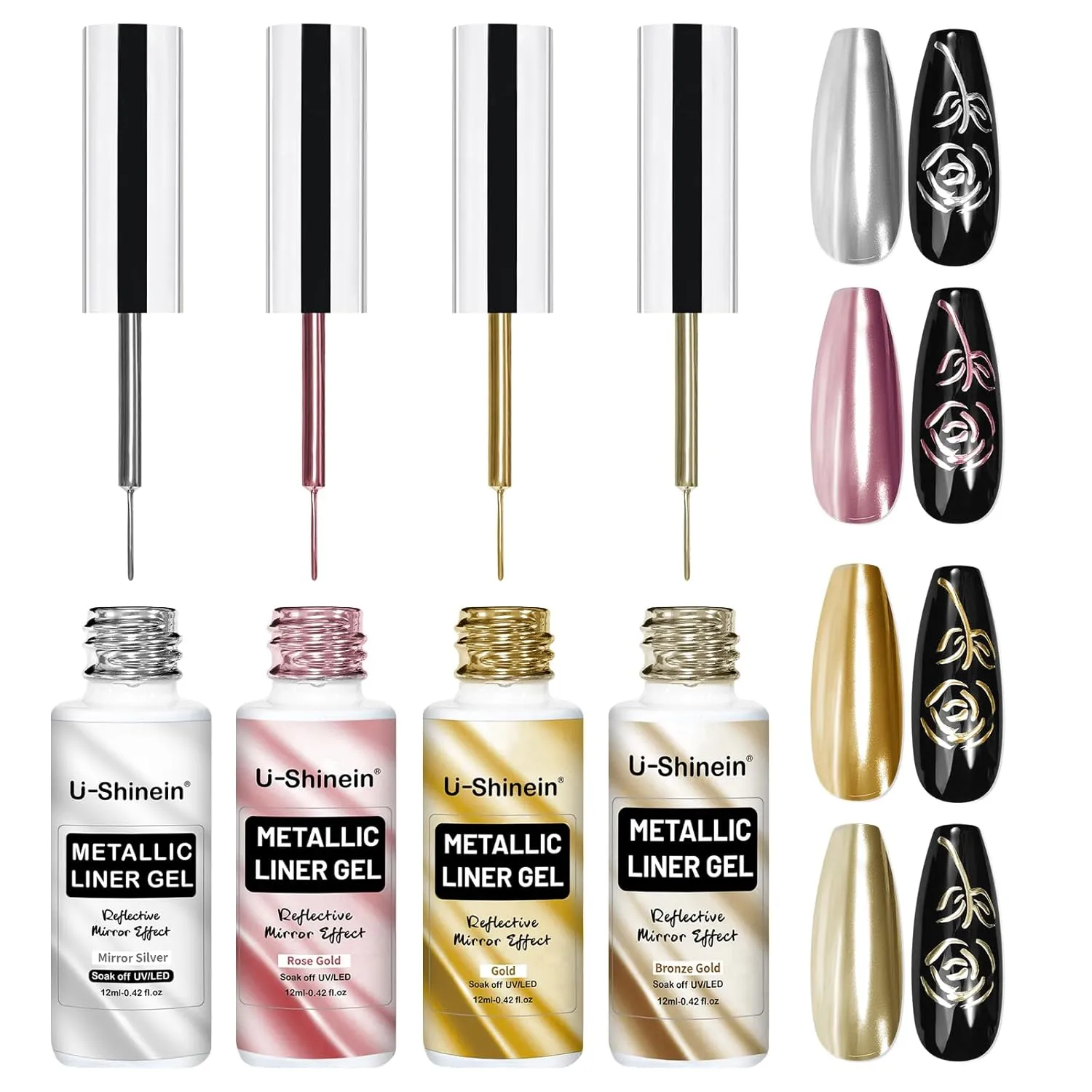 4x12ml Metallic Mirror Painting Liner Gel Polish Set, Mirror Chrome Effect Painted Gel Nail Polish, Metal Drawing Striper Gel Build in Thin Brush Soak Off UV/LED Nail Art Manicure, Set F