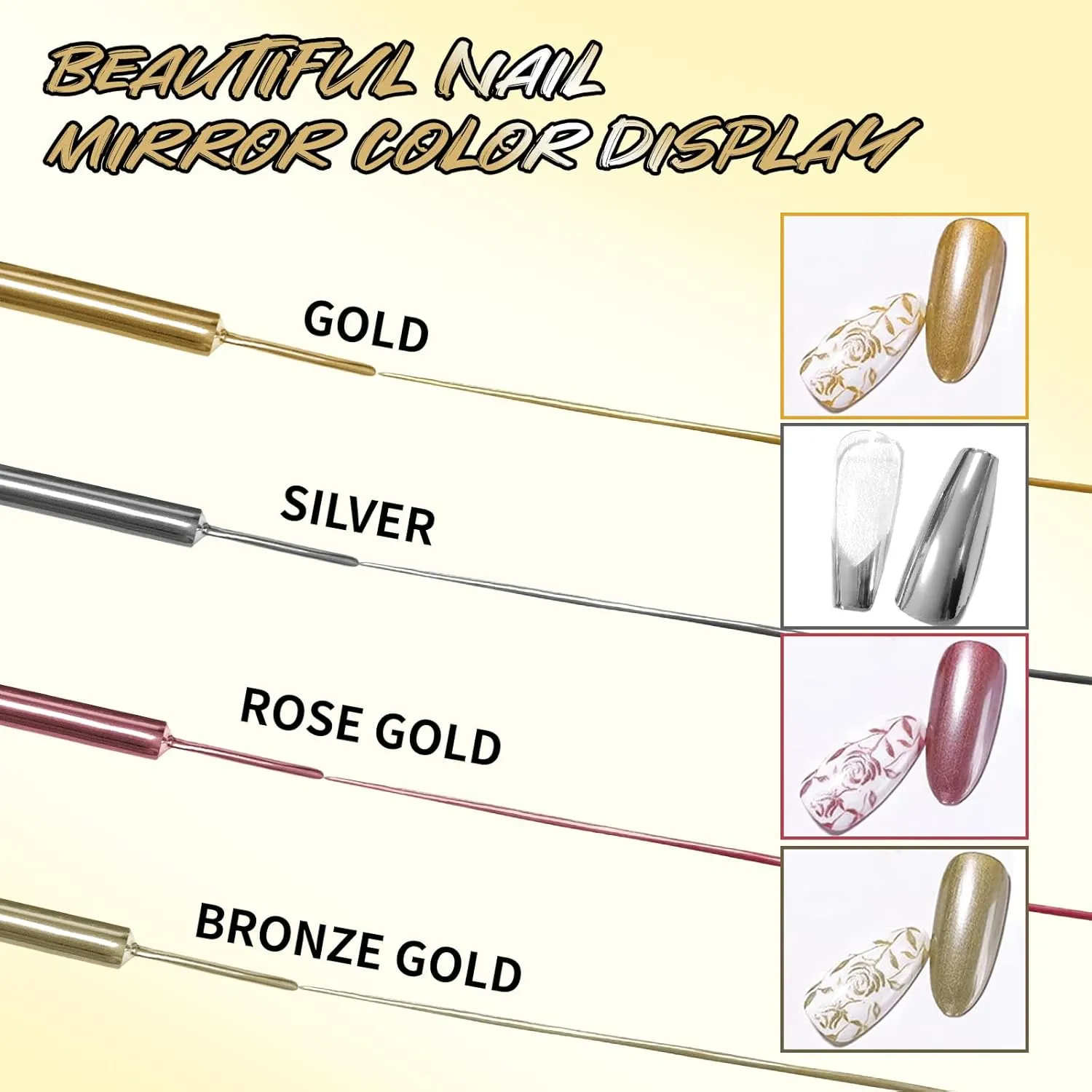 4x12ml Metallic Mirror Painting Liner Gel Polish Set, Mirror Chrome Effect Painted Gel Nail Polish, Metal Drawing Striper Gel Build in Thin Brush Soak Off UV/LED Nail Art Manicure, Set F