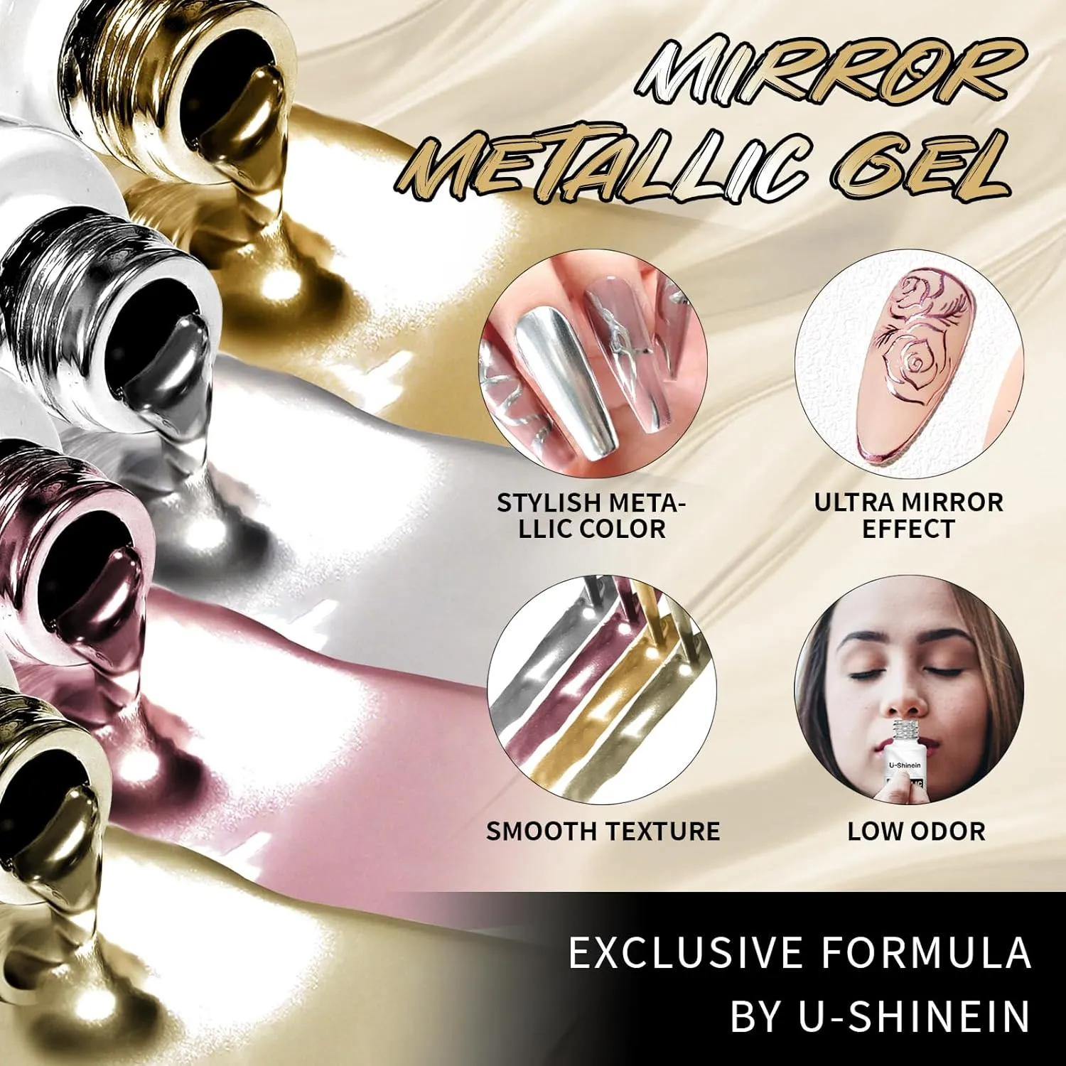 4x12ml Metallic Mirror Painting Liner Gel Polish Set, Mirror Chrome Effect Painted Gel Nail Polish, Metal Drawing Striper Gel Build in Thin Brush Soak Off UV/LED Nail Art Manicure, Set F