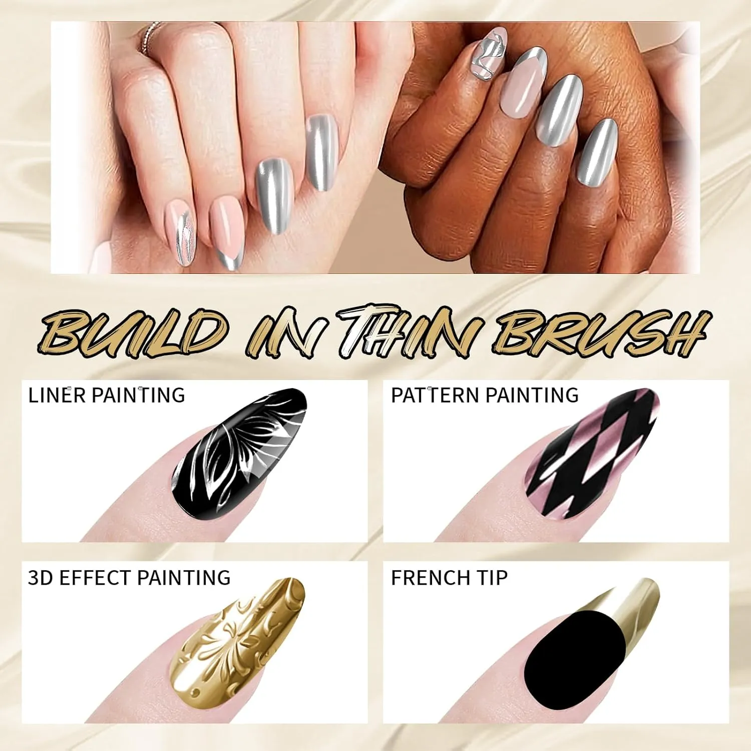 4x12ml Metallic Mirror Painting Liner Gel Polish Set, Mirror Chrome Effect Painted Gel Nail Polish, Metal Drawing Striper Gel Build in Thin Brush Soak Off UV/LED Nail Art Manicure, Set F