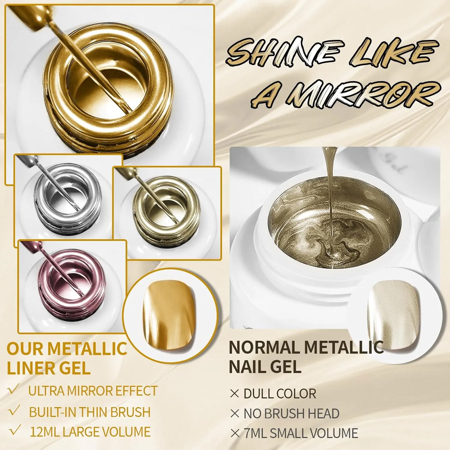 4x12ml Metallic Mirror Painting Liner Gel Polish Set, Mirror Chrome Effect Painted Gel Nail Polish, Metal Drawing Striper Gel Build in Thin Brush Soak Off UV/LED Nail Art Manicure, Set F