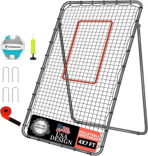 5-Angle Adjustable Volleyball Rebounder Net 7x4ft, Durable & Portable Bounce Back Training Equipment for Practicing Volleying Bumping Spiking with High-Tension Net, PU Volleyball, Pump, Stakes