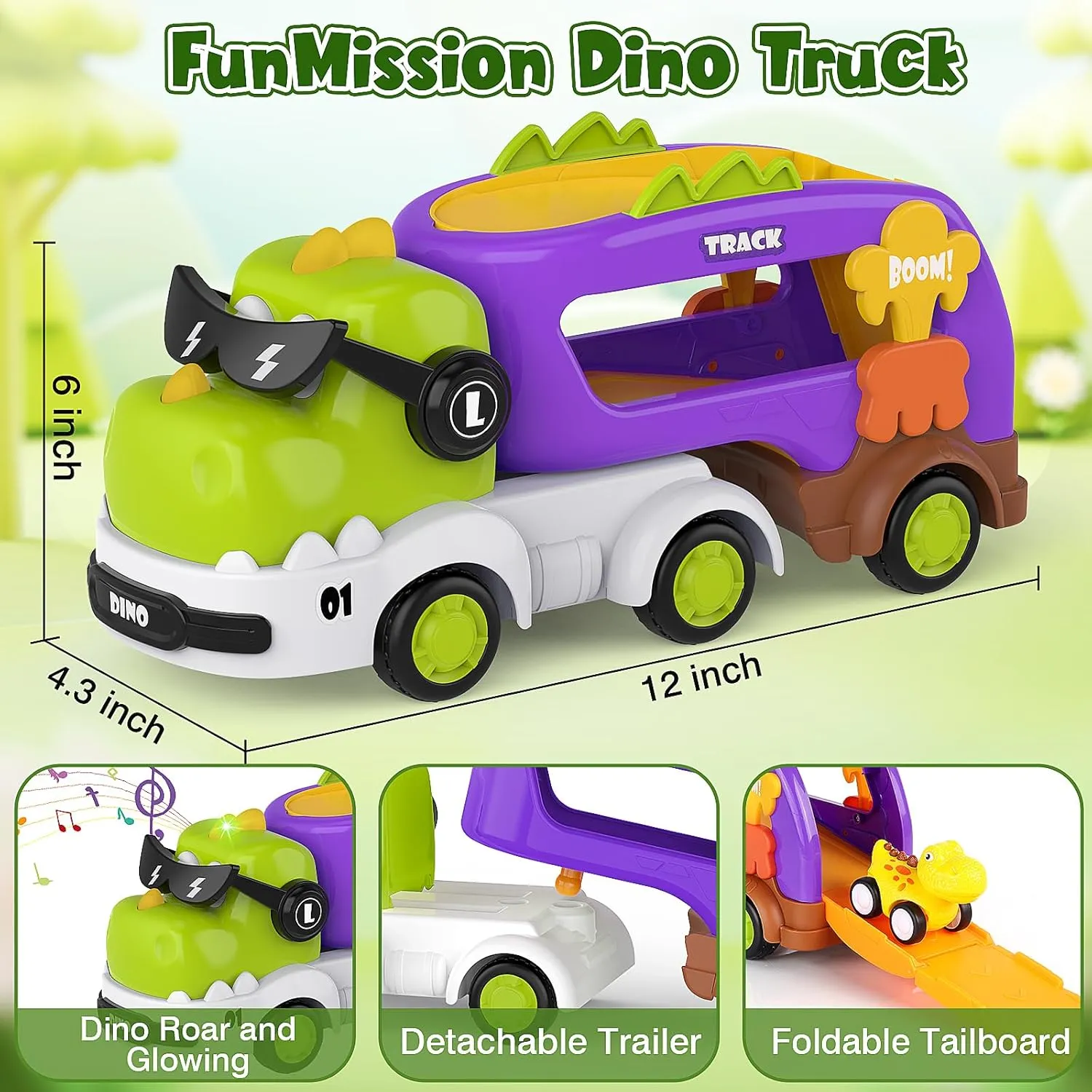 5-in-1 Dinosaur Toys for Kids 3-5, Dinosaur Truck with 4 Pack Small Pull Back Dino Car, Dinosaur Cars Set, Birthday, Big Trucks Toys for 3   Year Old Boy and Girl -Green