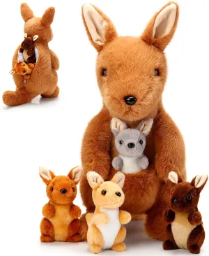 5 Pcs Kangaroo Stuffed Animals, 12 Inch Large Plush Mommy Kangaroo with 4 Little Babies Soft Plush Stuffed Animals Set for Boys and Girls Easter Christmas Birthday Party Favors
