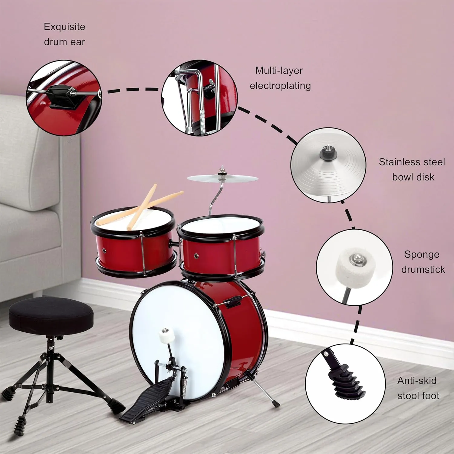 5-piece Kids/Junior Drum Set 13" bass drum/Beginner (Standard) /Kids musical toys, musical instrument (Red)