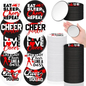 50 Pcs Cheer Gifts Bulk for Team Cheerleader Compact Mirror Bulk Pocket Mirror Cheerleader Party Favors 2.68 Inch Portable Makeup Mirrors for Cheer Team(Red)