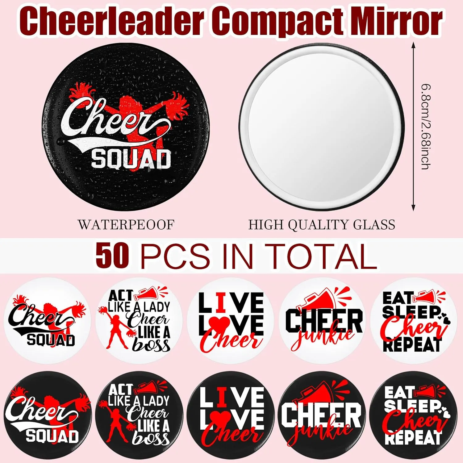 50 Pcs Cheer Gifts Bulk for Team Cheerleader Compact Mirror Bulk Pocket Mirror Cheerleader Party Favors 2.68 Inch Portable Makeup Mirrors for Cheer Team(Red)