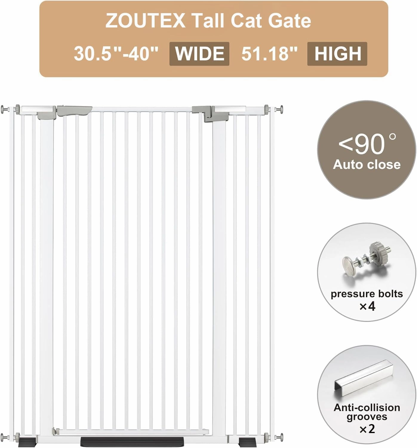 51.18" Extra Tall Cat Gate for Doorway, 30.5"-40" Auto Close Pet Gate Include 2.75" and 5.5" Extension Kits, No Drilling Pressure Mount Kit, Suitable for Doorways or Kitchen, New White