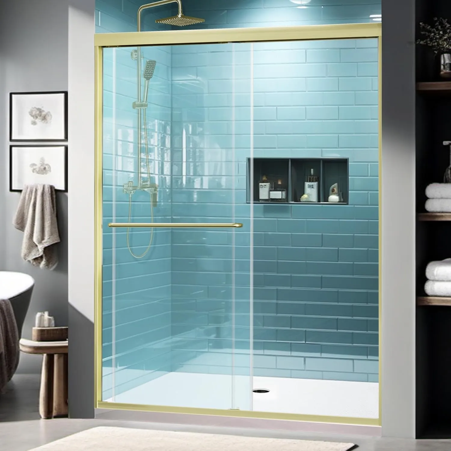 56-60" W x 70" H Framed Glass Sliding Shower Door,Bathroom Shower Sliding Door with 1/4" (6mm) Clear SGCC Tempered Glass,Brushed Gold Finish,Shower Doors Can Reversible Installation